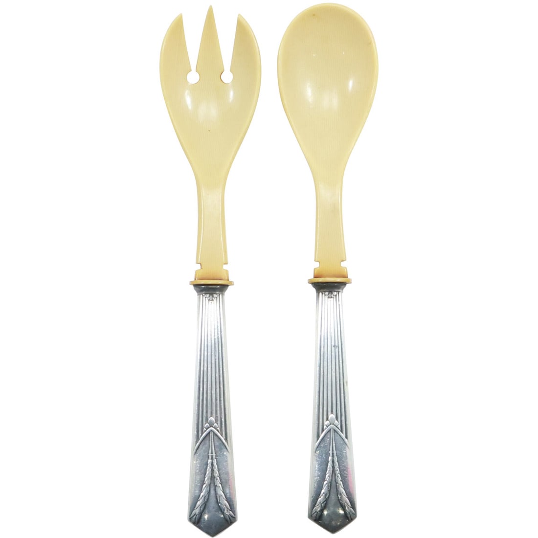 2 Piece Salad Set Sterling Silver Handles and Bakelite Spoon and Fork: 2 Piece Salad Set Sterling Silver Handles and Bakelite Spoon 9 1/4 in. x 1 7/8 in. and Fork 9 1/4 in. x 1 3/4 in. .