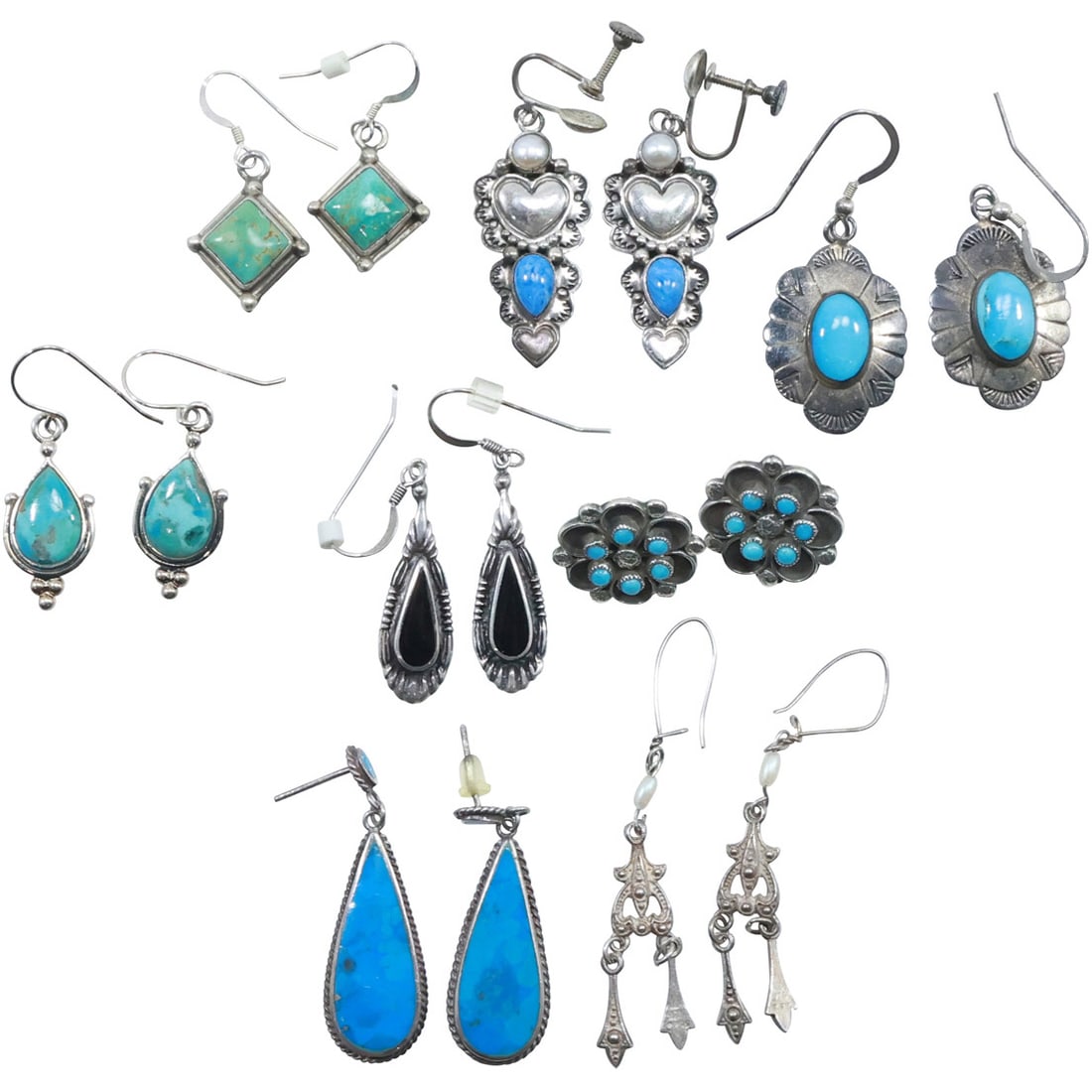 8 Pairs Assorted .925 Sterling Silver Earrings: Turquoise ; Black Onyx; Pearl and Turquoise (1 of 19)