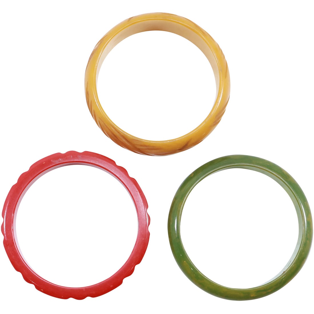 [3] BAKELITE Bracelets: Mustard 3 1/8 in. x 1 in. , Red 3 1/8 in. x 3/8 in. ; Green 3 1/8 in. x 1/2: [3] BAKELITE Bracelets: Mustard 3 1/8 in. x 1 in. , Red 3 1/8 in. x 3/8 in. ; Green 3 1/8 in. x 1/2 in.