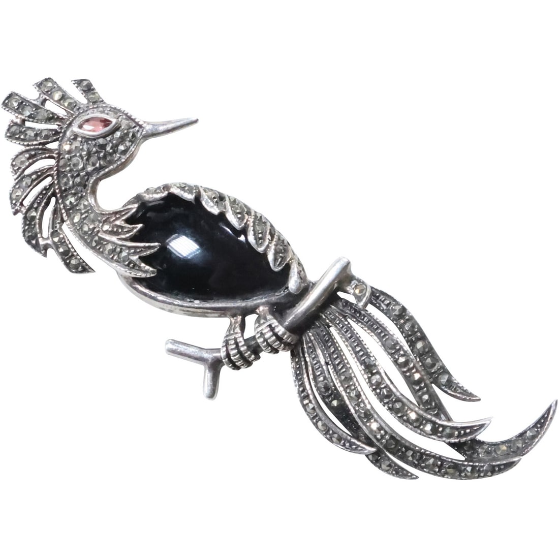 .925 Sterling Silver Marcasites Black Onyx Body, Ruby Eye Cockatoo Bird Pin 3 in. x 1 in.: .925 Sterling Silver Marcasites Black Onyx Body, Ruby Eye Cockatoo Bird Pin 3 in. x 1 in.
