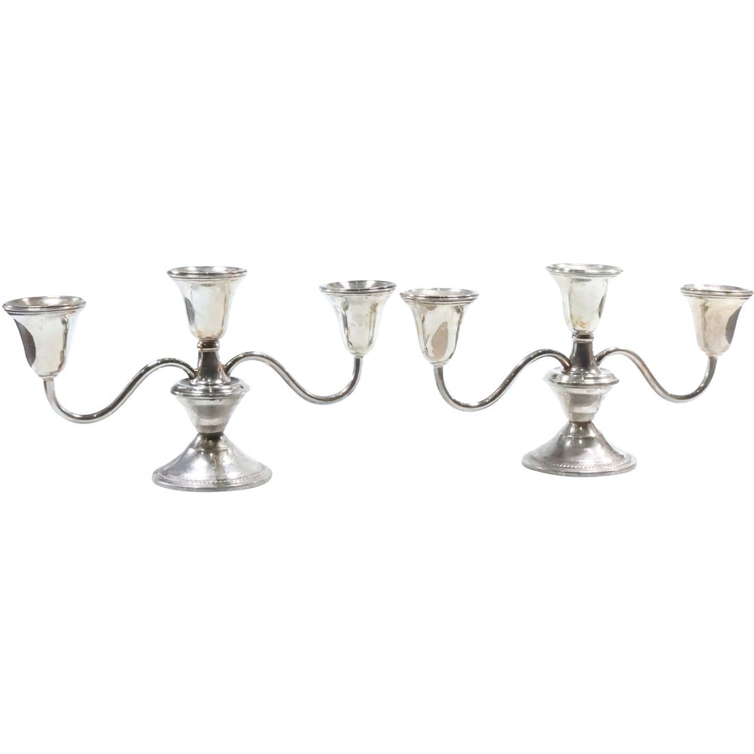 Pair Sterling Silver Weighted Triple Light Candlesticks 5 in. height x 9 1/2 in. wide (1 of 17)