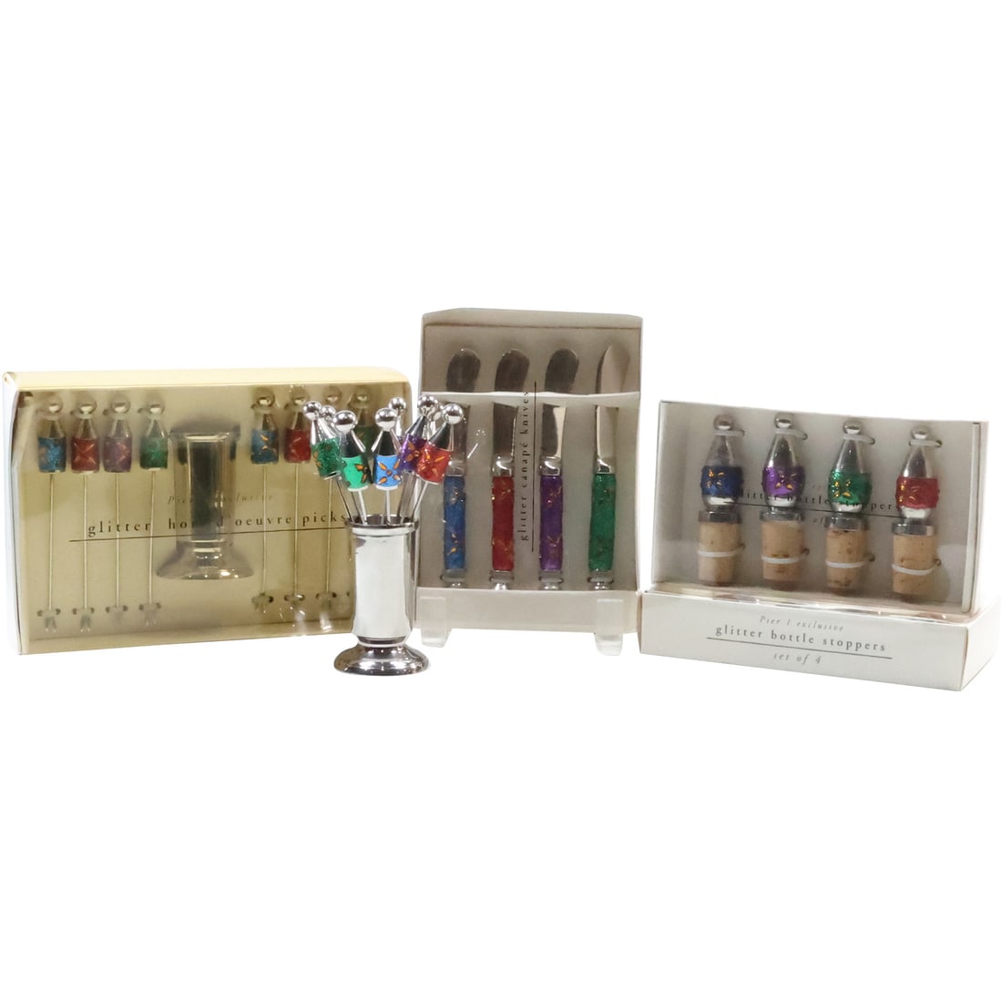 Estate Grouping New in Boxes Barware Bottle Stoppers, Glitter Canape Knives, Hord d'oeuvre Picks (1 of 18)