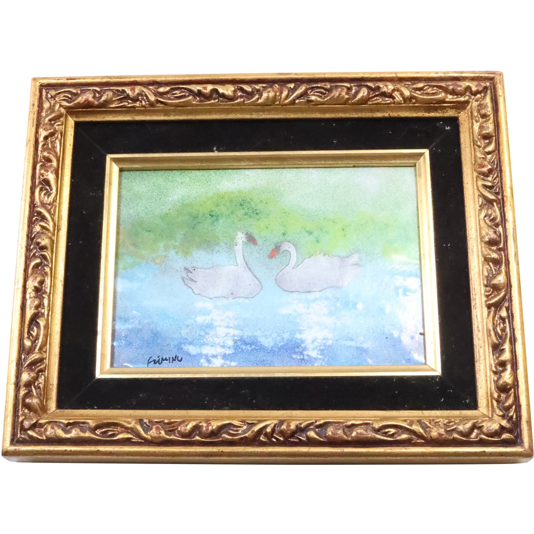 Artist Signed Enamel Art on Copper Panel 2 Swans on Pond, Framed (1 of 17)