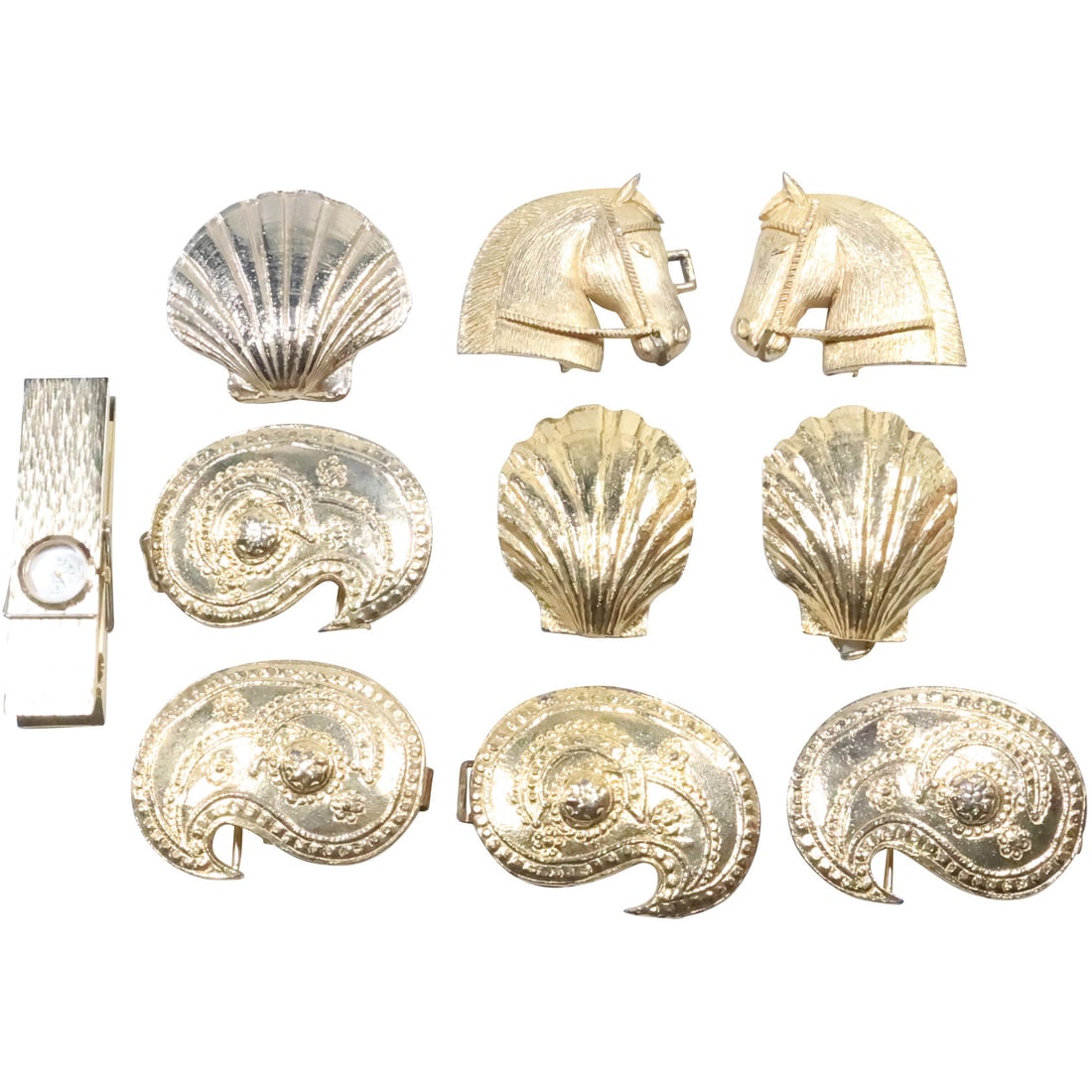 Gold Tone Metal Clothes Pin Clock; [9] Assorted Gold Tone Belt Buckles , Horse Head, Shell, Paisley (1 of 20)
