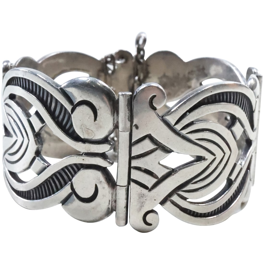Mexico Silver Sterling 4-Panel Wide Bracelet with Pin Closure weighs92.5 grams ; 7 1/2 in. x 1 1/4 (1 of 12)