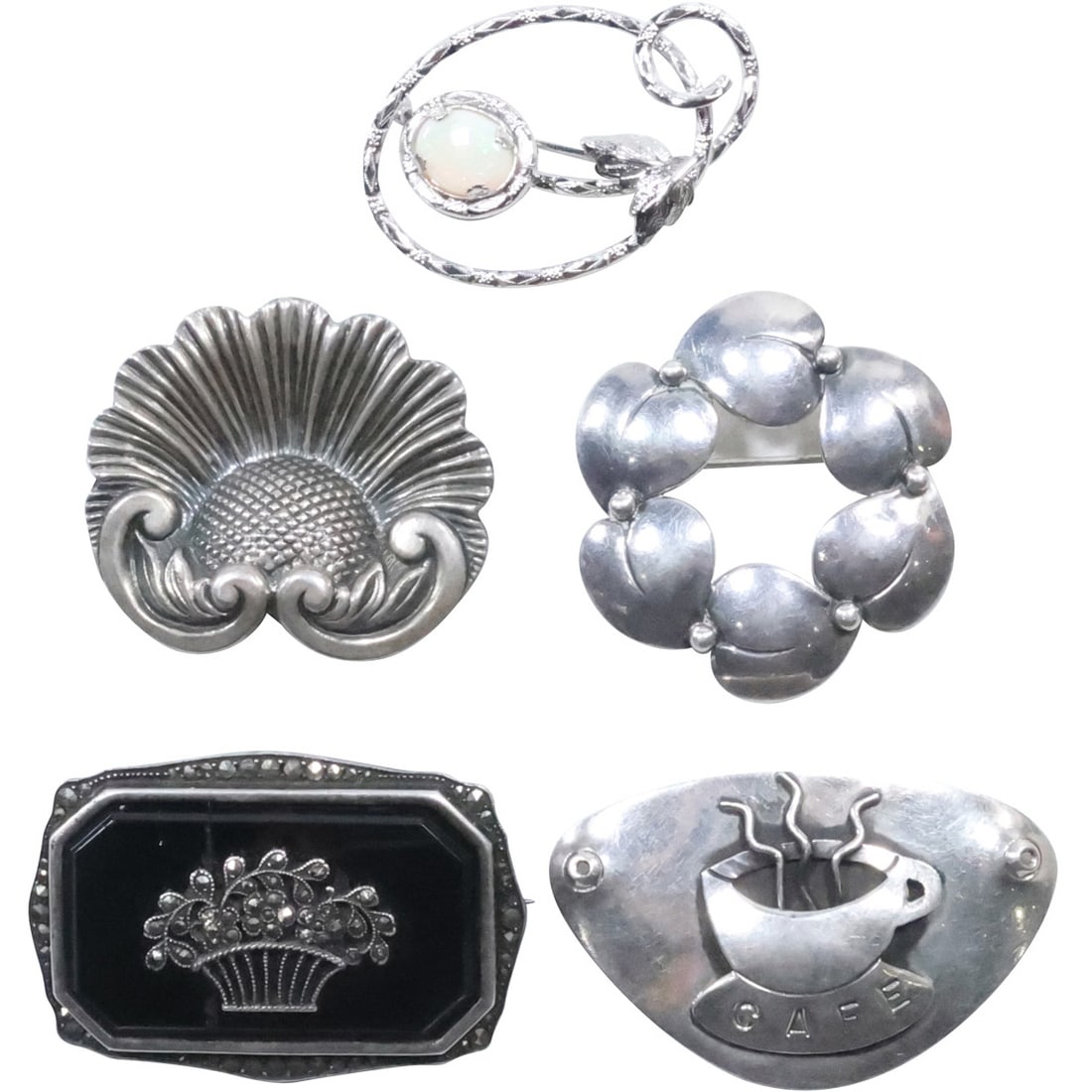 [5] Assorted Sterling Silver Pins: with Opal; Demark N.E. From 925 S; Jewel Art; Mexico Far Fetched; (1 of 20)