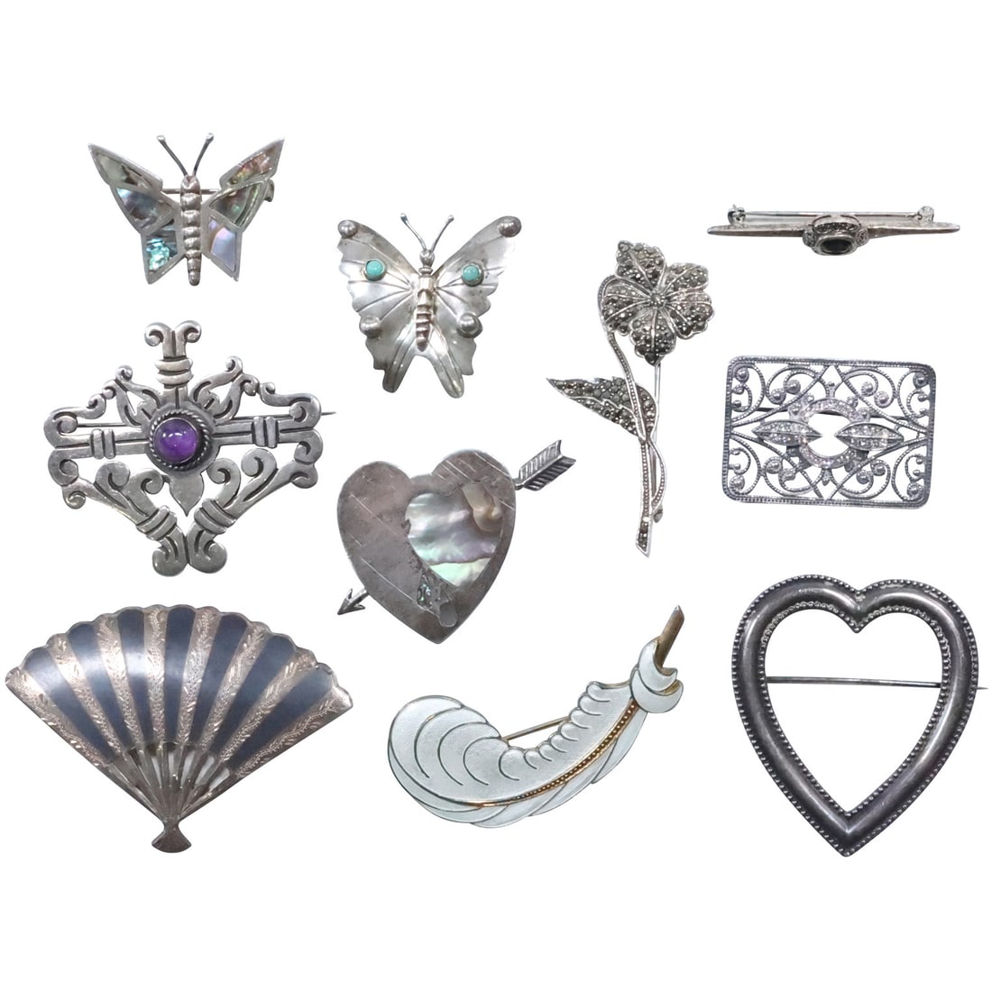 Estate Grouping of 10 Assorted STERLING SILVER PINS - Variety (1 of 20)