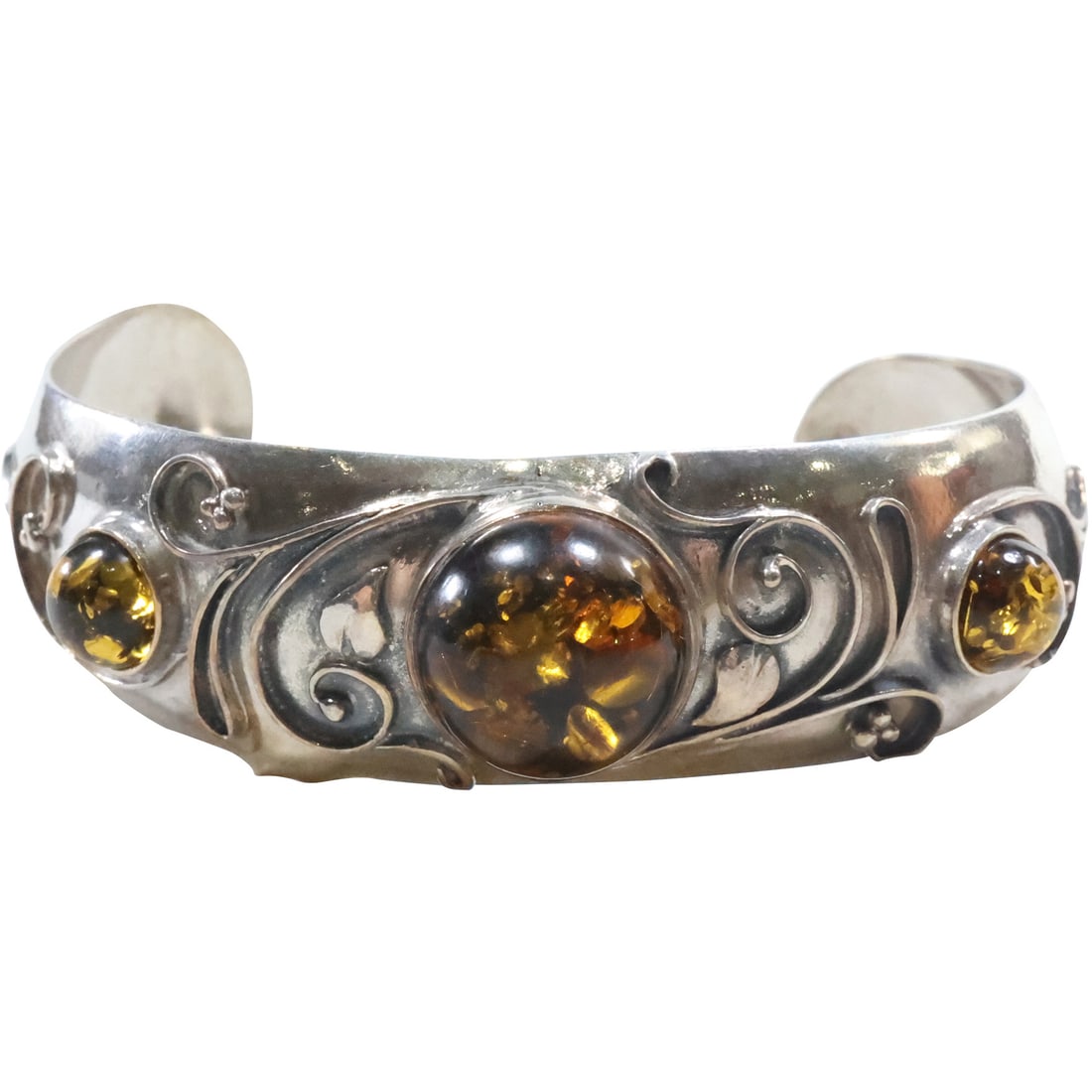 .925 Sterling Silver Hand Tooled Cuff Bracelet with Amber Stones 2 3/4 in. x 2 in. x 7/8 in. (1 of 15)