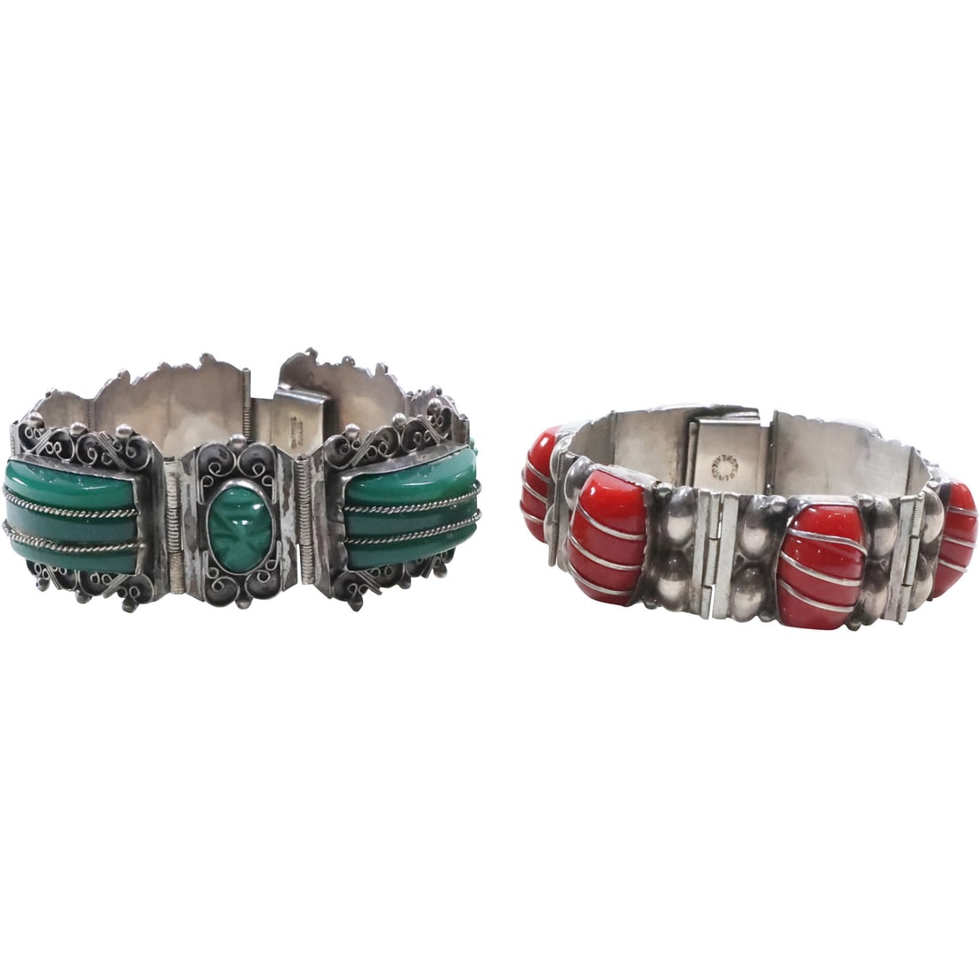 [2] Sterling Silver Mexico Jade Panels Bracelet & Sterling Mexico Faux Red Coral Stones Bracelet (1 of 20)