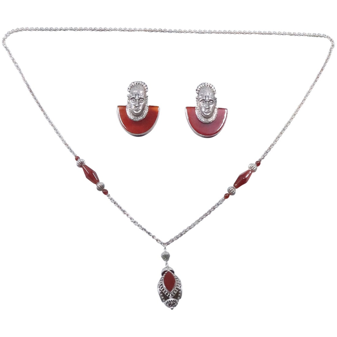 Sterling Silver with Carnelian Pendant Necklace & Pair Pierced Sterling Carnelian Tribal Earrings: Sterling Silver with Carnelian Pendant Necklace2 in. x 3/4 in. 26 in. x & Pair Pierced Sterling Carnelian Tribal Earrings 1 5/8 in. x 1 1/4 in.
