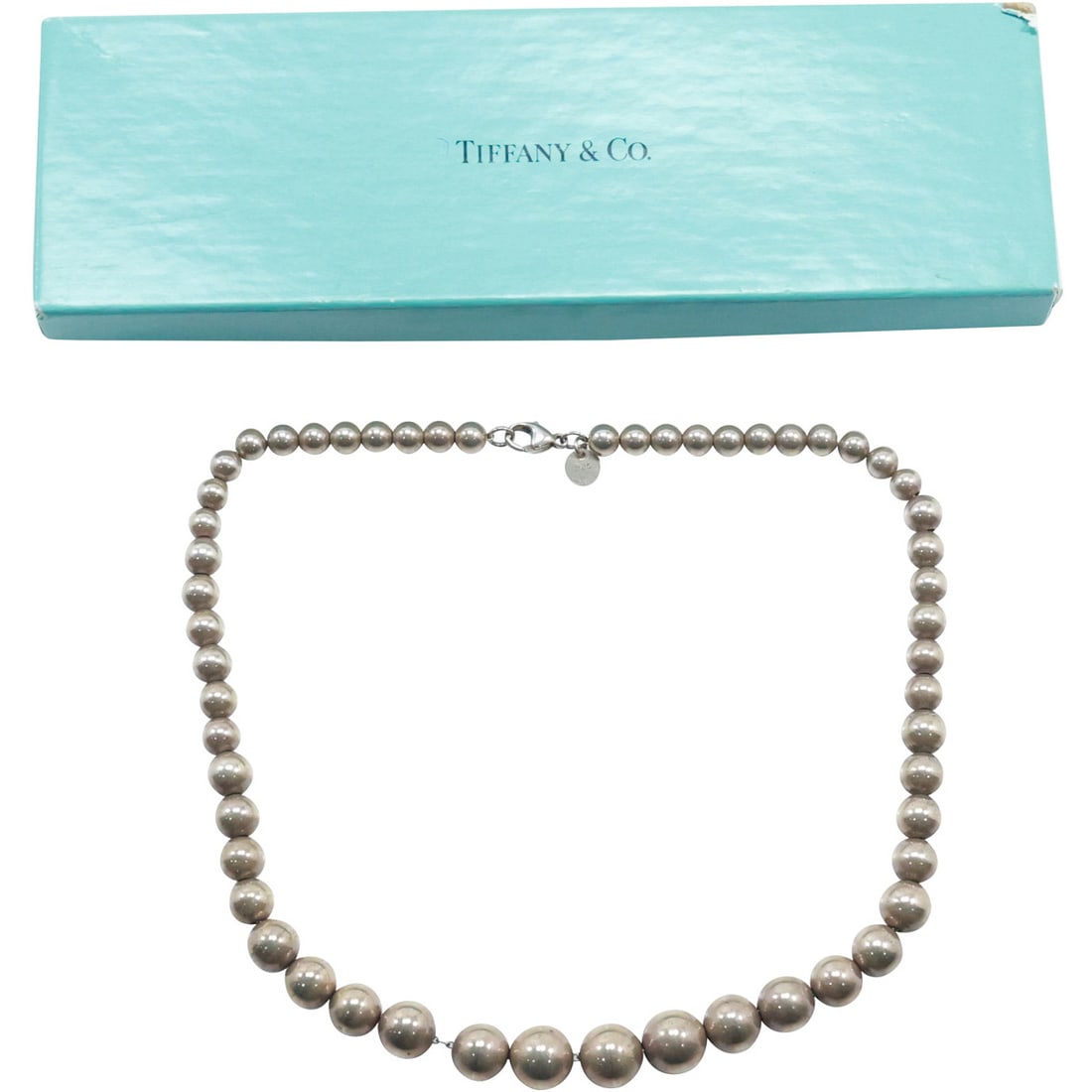 TIFFANY & CO .925 Sterling Silver Bead Necklace 16 inches length x 1/2 in to 1/4 in. with Box (1 of 18)