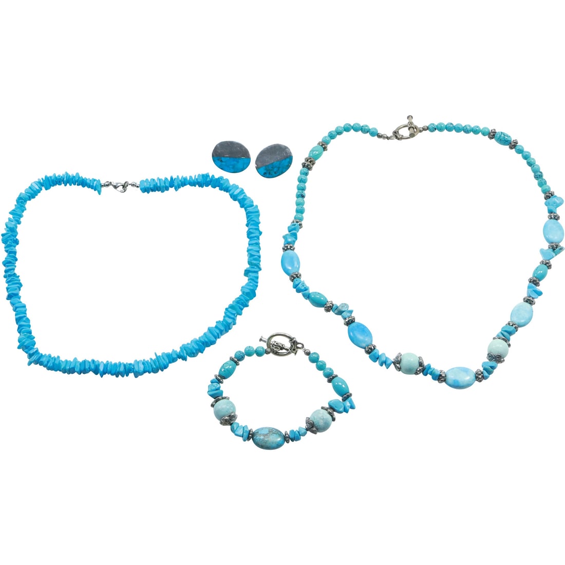 Sterling and Turquoise Oval Earrings, Turquoise Necklace with Matching Bracelet, Turquoise Chip: Sterling and Turquoise Oval Earrings 1 in. x 3/4 in., Turquoise Necklace 22 in. x 1/2 in. with Matching Bracelet 8 in. x 1/2 in. , Turquoise Chip Necklace 18 in. x 1/4 in.