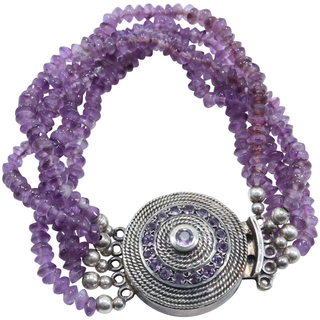 .925 Sterling B 5-Strand Purple Amethyst Beads and Stones in Pendant Style Bracelet 8 in. x 1 in.: .925 Sterling B 5-Strand Purple Amethyst Beads and Stones in Pendant Style Bracelet 8 in. x 1 in.