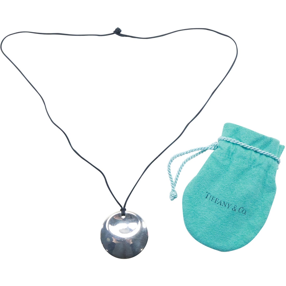 TIFFANY & CO Elsa Peretti .925 Spain Sterling Silver Disc Pendant on Black Cord Necklace: TIFFANY & CO Elsa Peretti .925 Spain Sterling Silver Disc Pendant 1 1/2 in. diameter on Black Cord Necklace. with fabric pouch