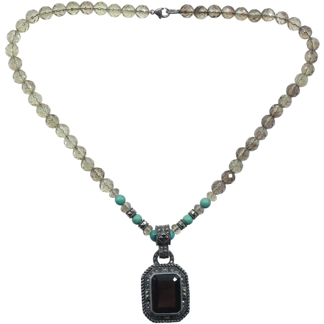 .925 Sterling Clasp Smokey Citrine Beads , Turquoise Beads, Marcsasite Spacers Necklace & (1 of 20)
