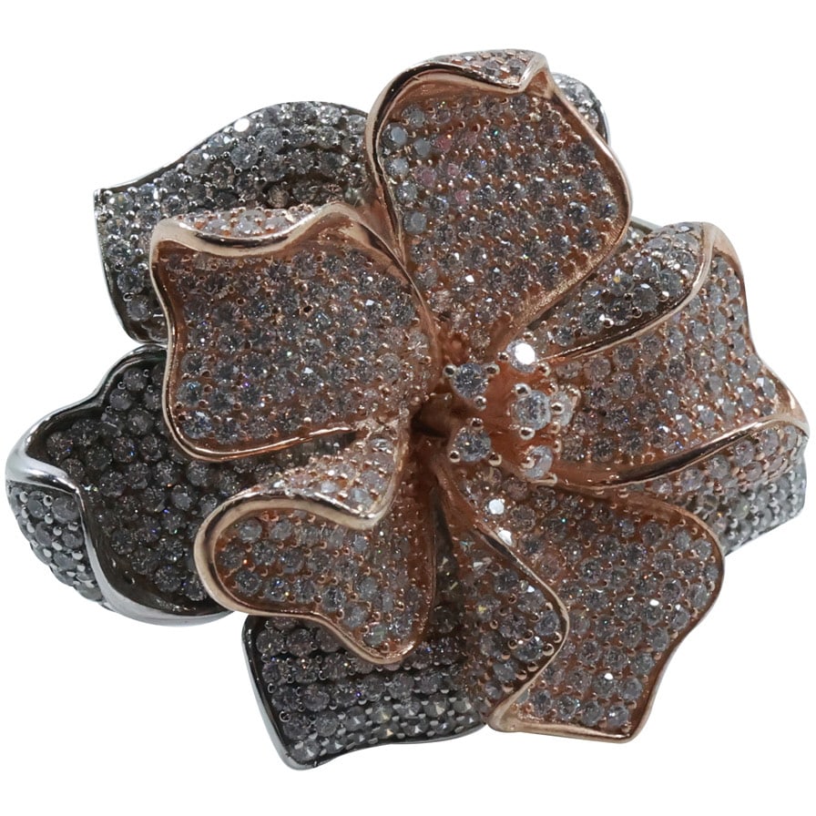 .925 Sterling Silver and Crystals Open Petals Flower Ring Size 8, Large and Unsigned, 1 1/2 in. (1 of 18)