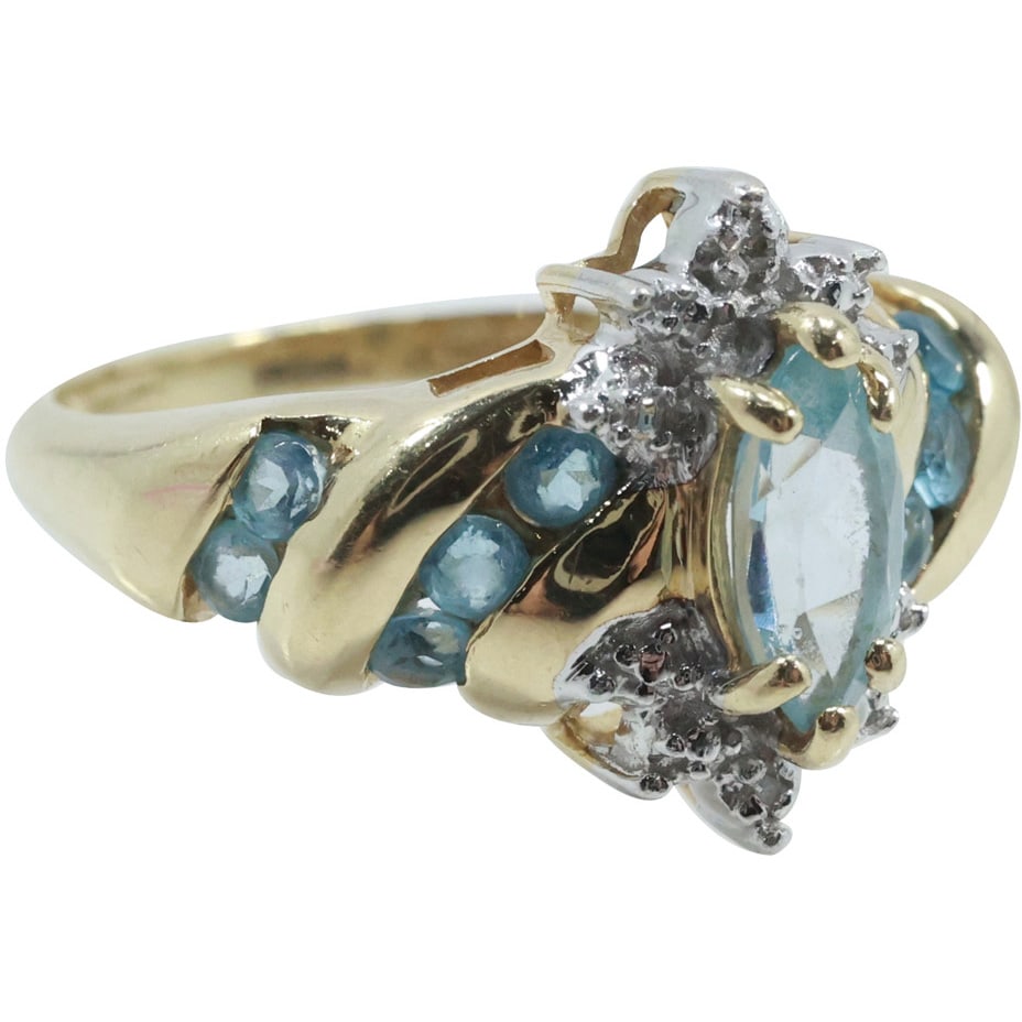 10K GOLD Blue Topaz and 2 Diamonds Ring Size 7 , 7/8 in. x 5/8 in. (1 of 13)