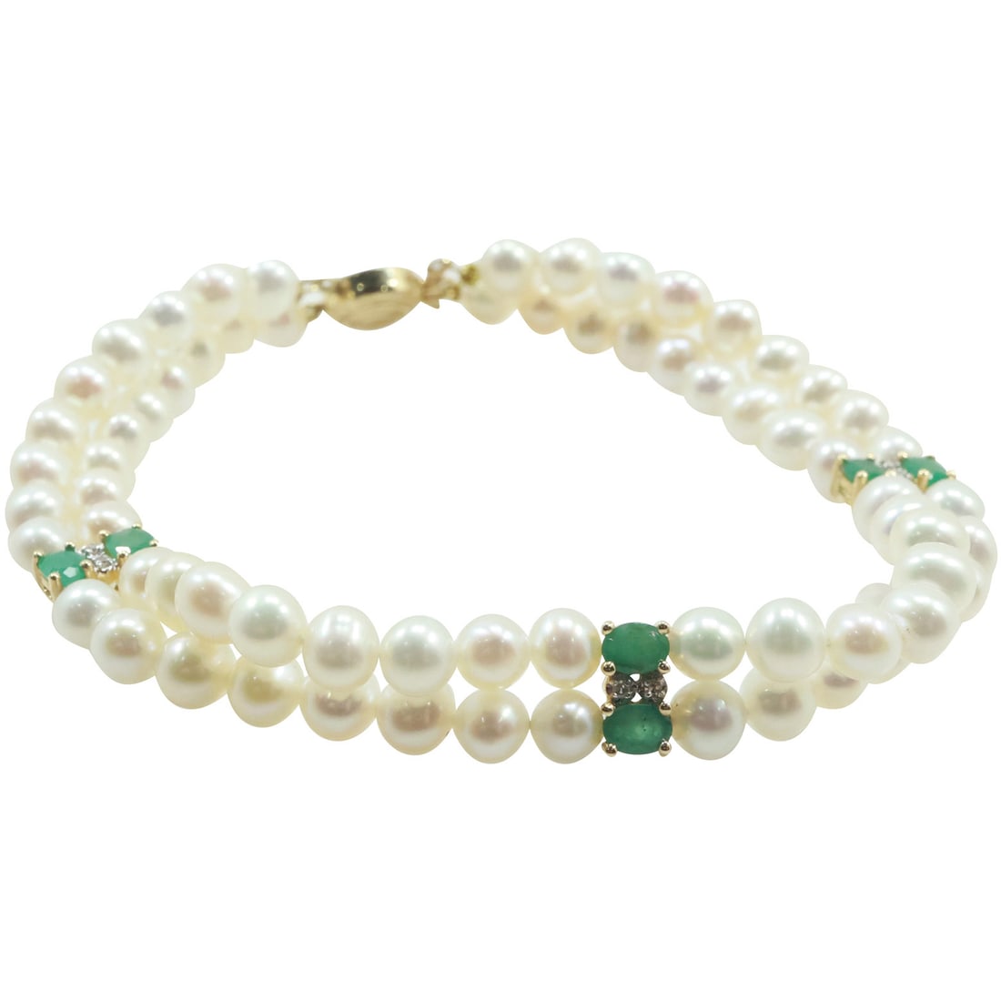 Ballroom Bracelet 14K GOLD 2-Strand Genuine Freshwater Cultured Pearls with 6 Emeralds, 6 (1 of 20)