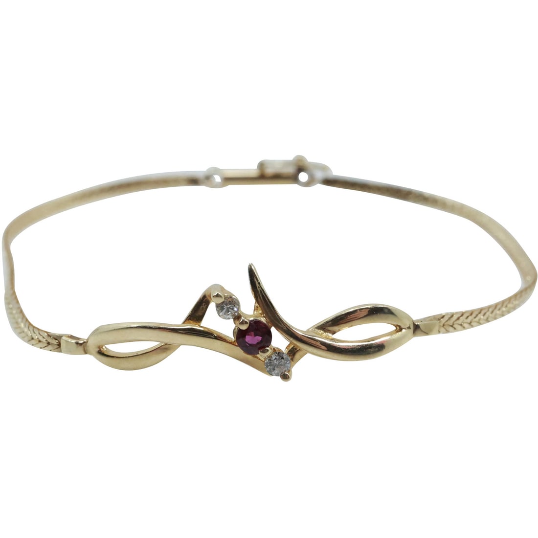 14K GOLD with 2 Diamonds and Ruby Bracelet 2 dwt , 6 1/2 in. x 3/8 in.: 14K GOLD with 2 Diamonds and Ruby Bracelet 2 dwt , 6 1/2 in. x 3/8 in.