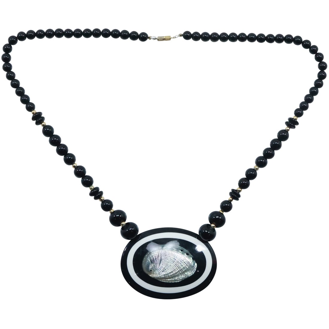 1980s Designer Black Onyx Beads with Black Lacquered Pendant Necklace in Casing MOP Shell (1 of 19)
