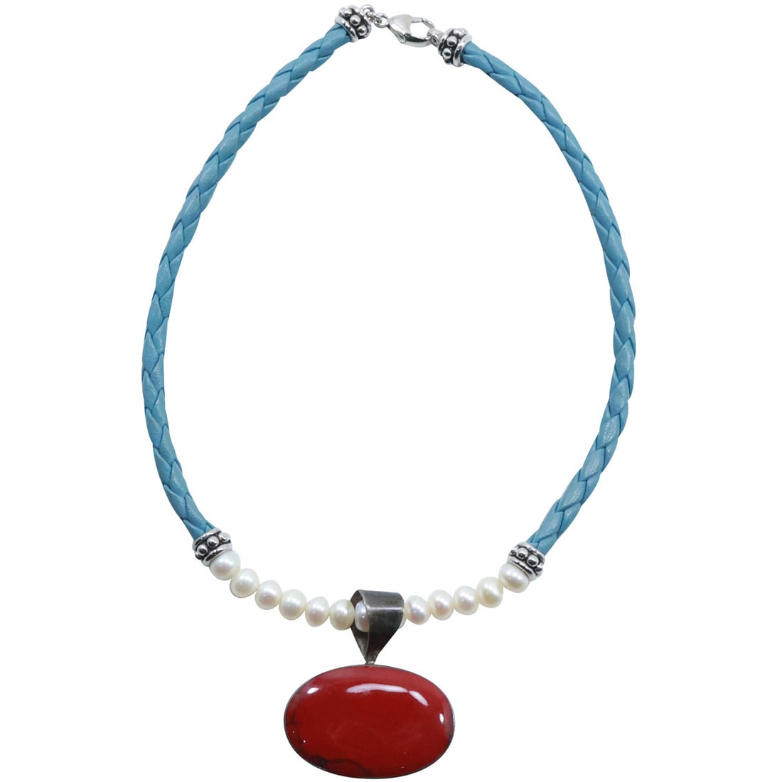 Mexico .925 Sterling Large Oval Jasper Pendant Genuine Freshwater Cultured Pearl and Sterling: Mexico .925 Sterling Large Oval Jasper Pendant Genuine Freshwater Cultured Pearl and Sterling Spacers on Turquoise Cord , Sterling Clasp Necklace 16 in. x 3/8 in. x 1 3/4 in.
