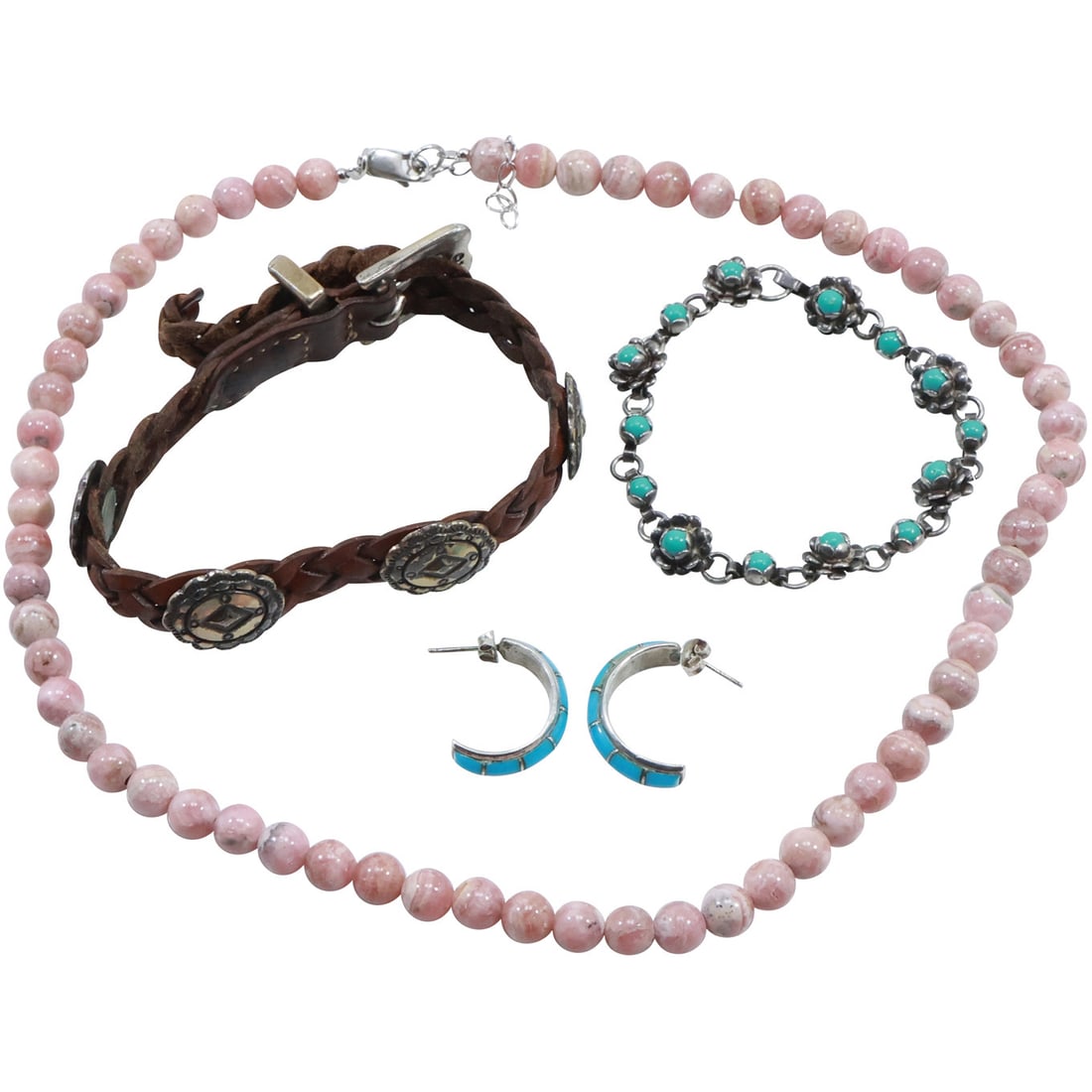 1994 Sterling Buckle & Button Tops Leather Braided Bracelet, Sterling Turquoise Bracelet, Sterling (1 of 20)