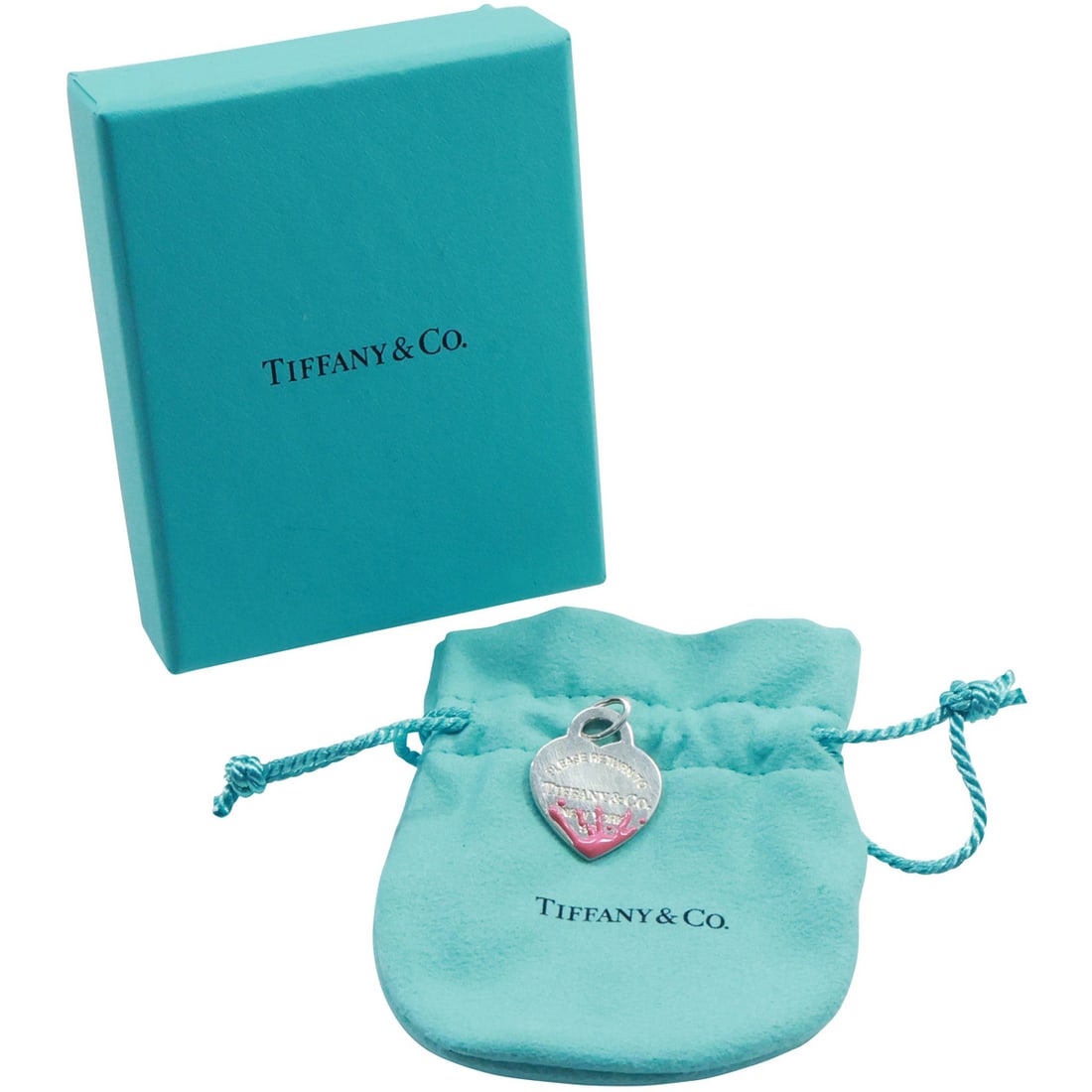 TIFFANY & CO, Sterling Silver Pink Splash Pendant Please Return to Tiffany & Co New York, Pouch, Box: TIFFANY & CO, Sterling Silver Pink Splash Pendant Please Return to Tiffany & Co New York, with fabric Pouch and Box. size pendant 1 in. x 7/8 in. ; box 3 in. x 3 3/4 in. x 1 1/4 in.