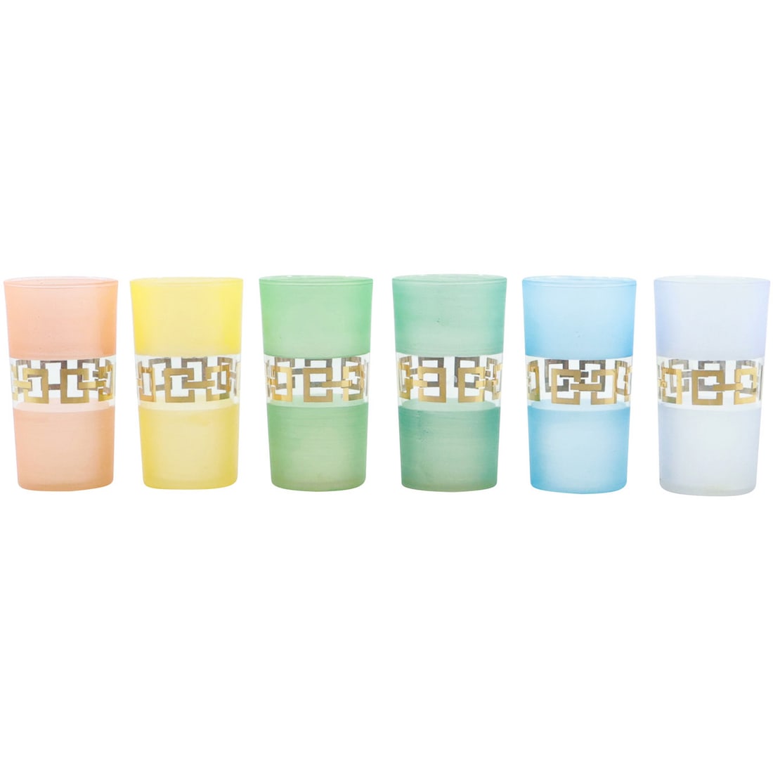 [6] Multi Colors Glass Highball Cocktail Barware Glasses Gold Greek Key Center Band: [6] Multi Colors Glass Highball Cocktail Barware Glasses Gold Greek Key Center Band. Mid-Century Modern. 4 3/4 in. x 2 5/8 in.