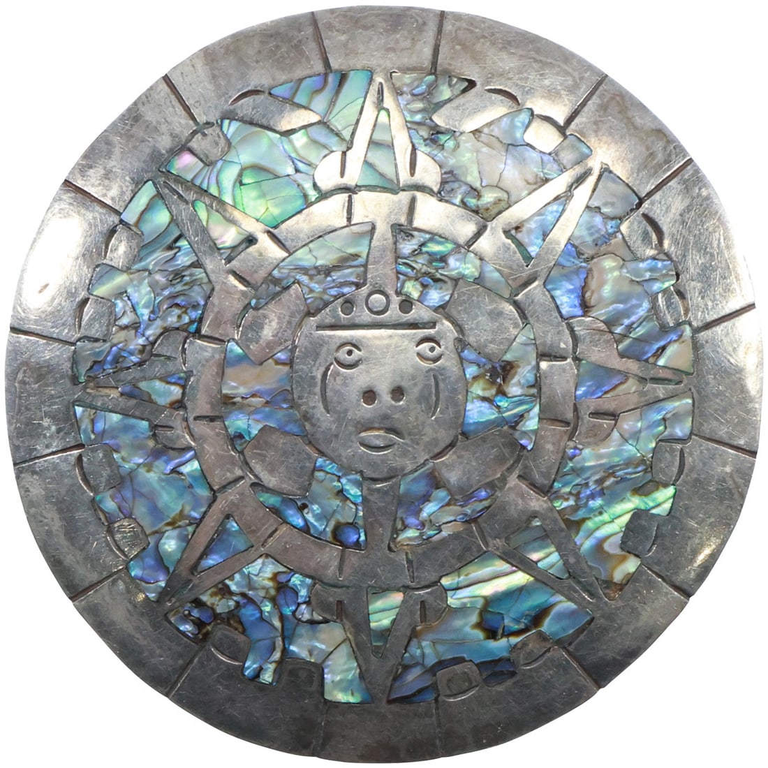 .925 Mexico JPM Broche Alpaca Abalone "Sun God" Pin 2 3/4 in. diameter: .925 Mexico JPM Broche Alpaca Abalone "Sun God" Pin 2 3/4 in. diameter