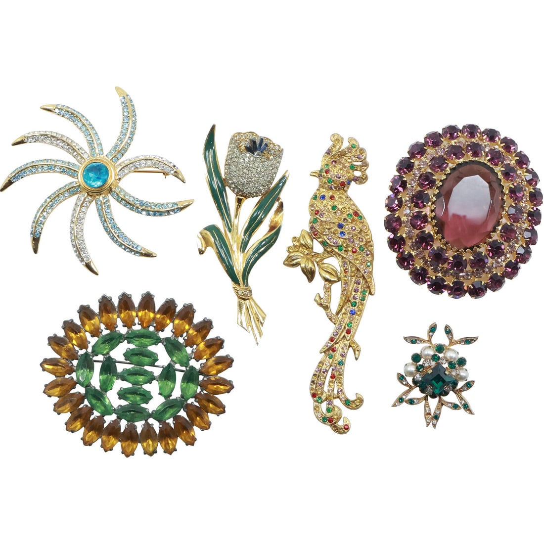 6 Assorted Important Costume Jewelry Pins: Cockatoo; Orange and Green Pin; Purple Pin; (1 of 20)