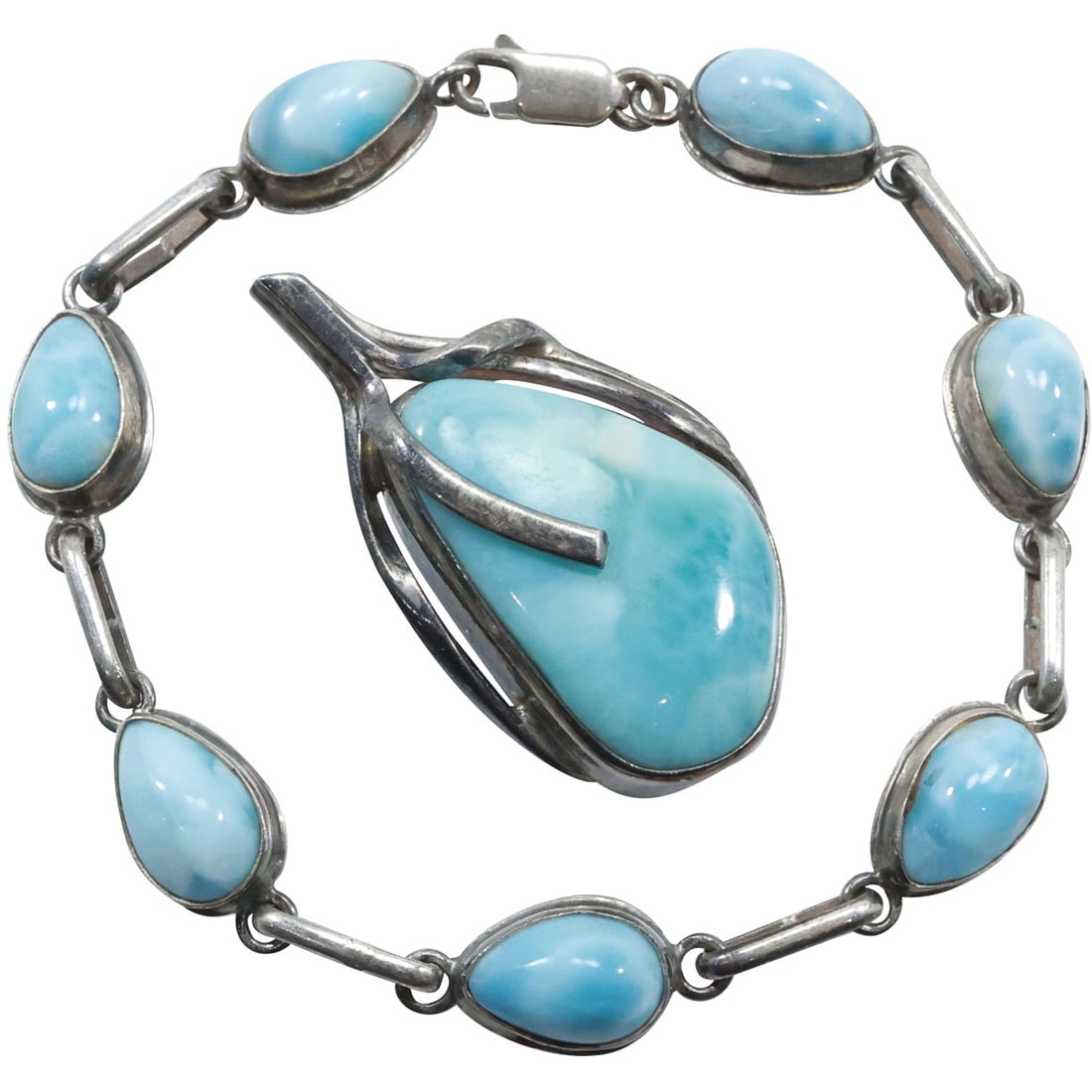 .925 Sterling Silver and Larimar Pendant with Matching Bracelet .925 Tear Shaped Stones (1 of 19)