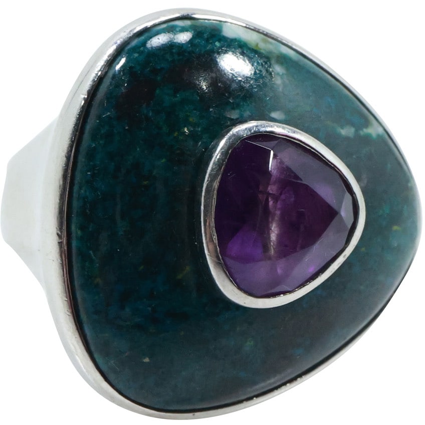 .925 Sterling Silver Malachite with Purple Amethyst Mid-Century Modern Ring Size 10.25 , 1 1/8 in. d (1 of 17)
