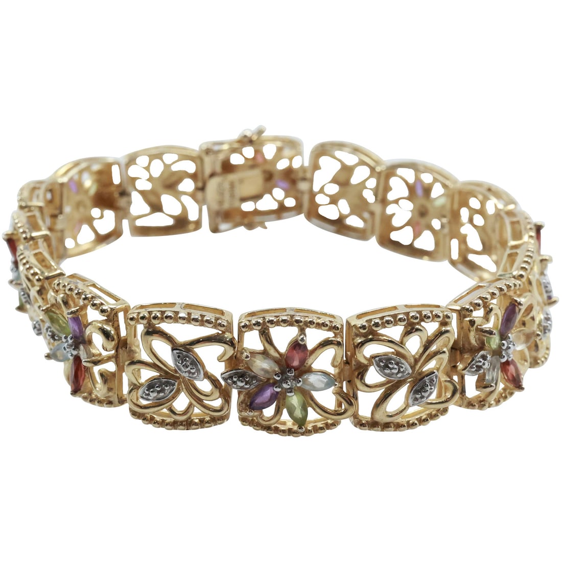 marked R .925 Sterling Gold Vermeil Bracelet Purple Amethyst, Citrine, Garnet, Blue Topaz, Bracelet (1 of 18)