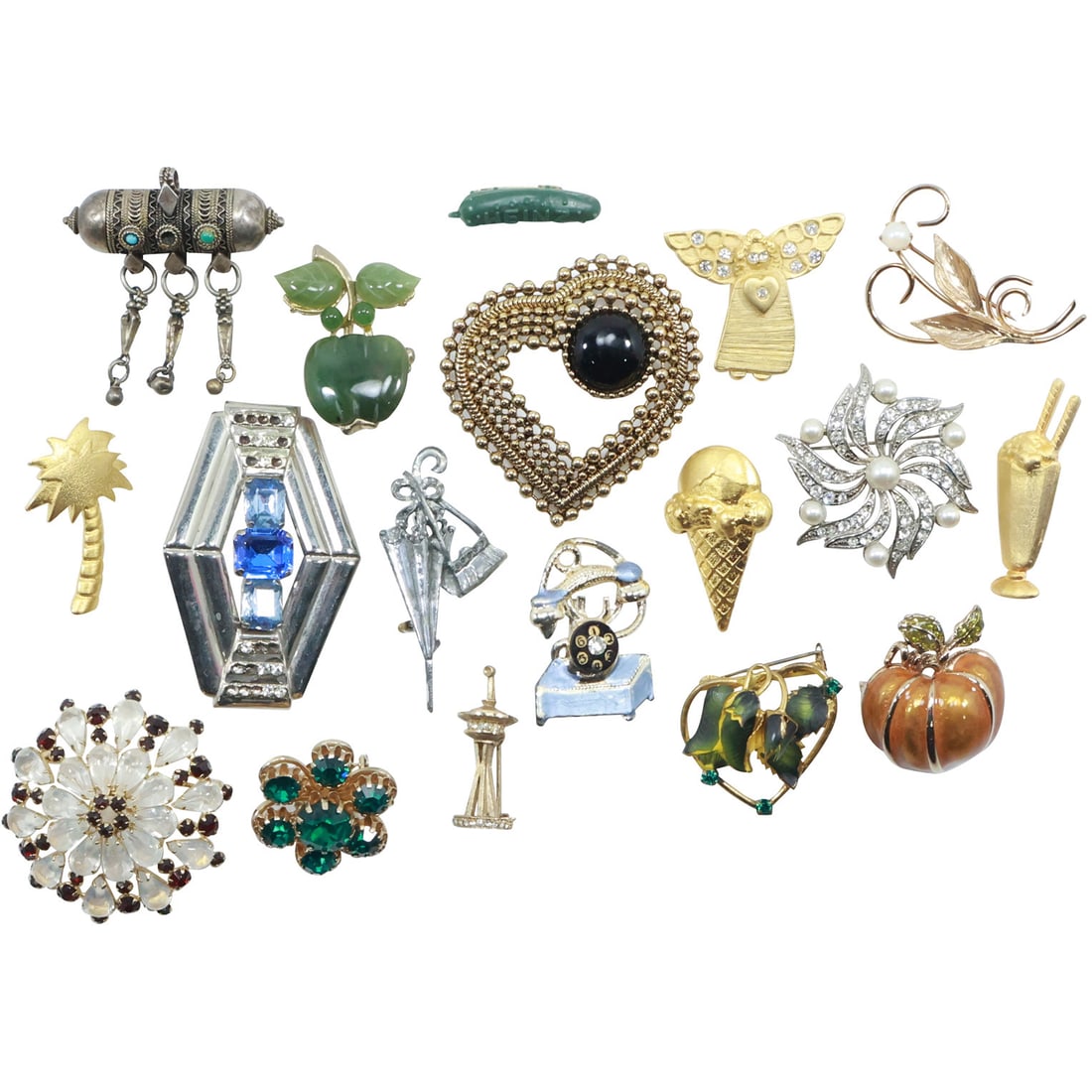 18 Assorted Large Lot of Costume Jewelry Pins : Austria Enameled, Telephone, Heart, Angel, Pickle, (1 of 20)