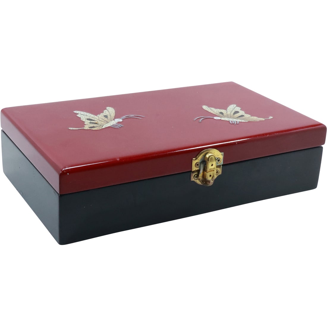 Red and Black Lacquer Jewelry Box with Hand Painted and Applied Butterflies 9 3/8 in. x 5 1/2 in. (1 of 15)