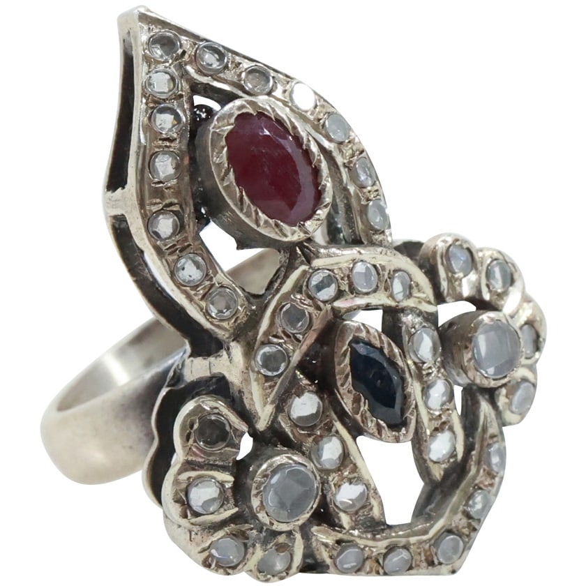 .925 Sterling Silver Genuine Sapphire Ruby with CZ Stunning Ring Size 7 , 1 in. x 1 3/8 in. (1 of 19)