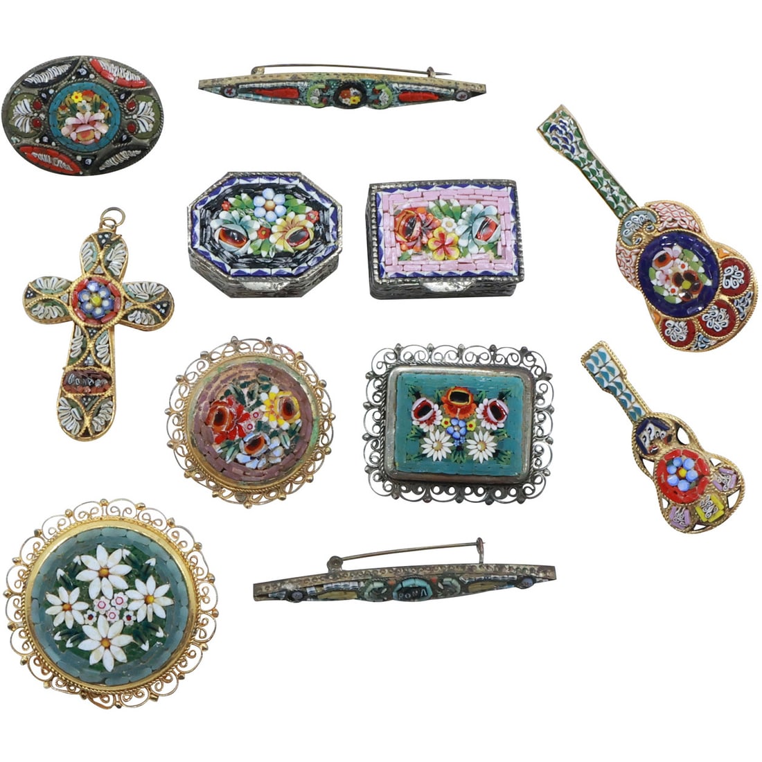 Estate Grouping 11 Assorted MICRO MOSAIC Jewelry Pins and Pill/ Trinket Boxes (1 of 16)