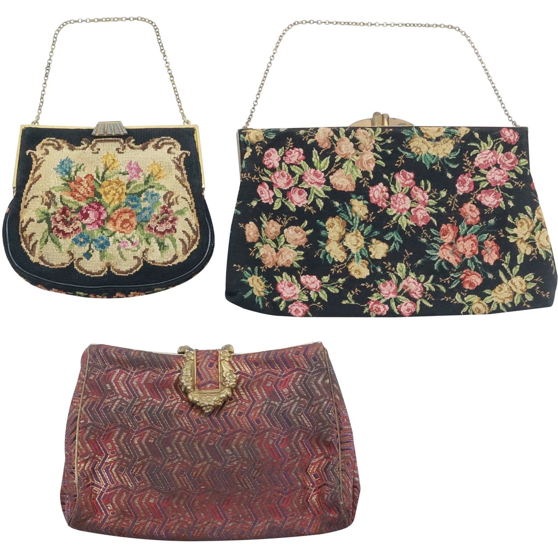 [3] Assorted Vintage Needlepoint Purses: Golden Thread with Original Tortoise Comb and Coin Purse; (1 of 20)