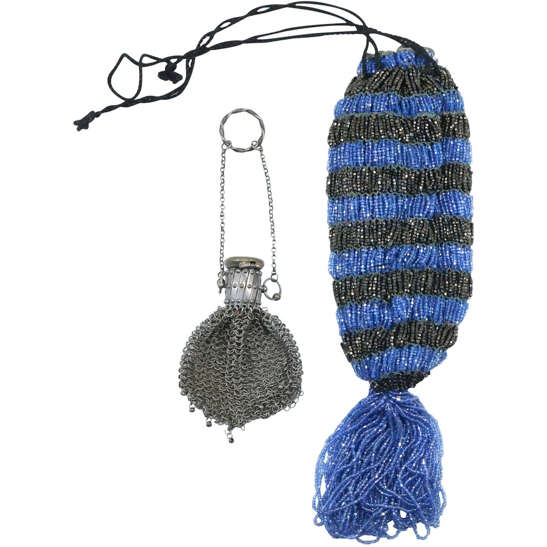 [2] Victorian Blue Black Glass Beads Purse & Metal Expandable Coin Purse 3 1/2 in. x 1 1/2 in. (1 of 12)