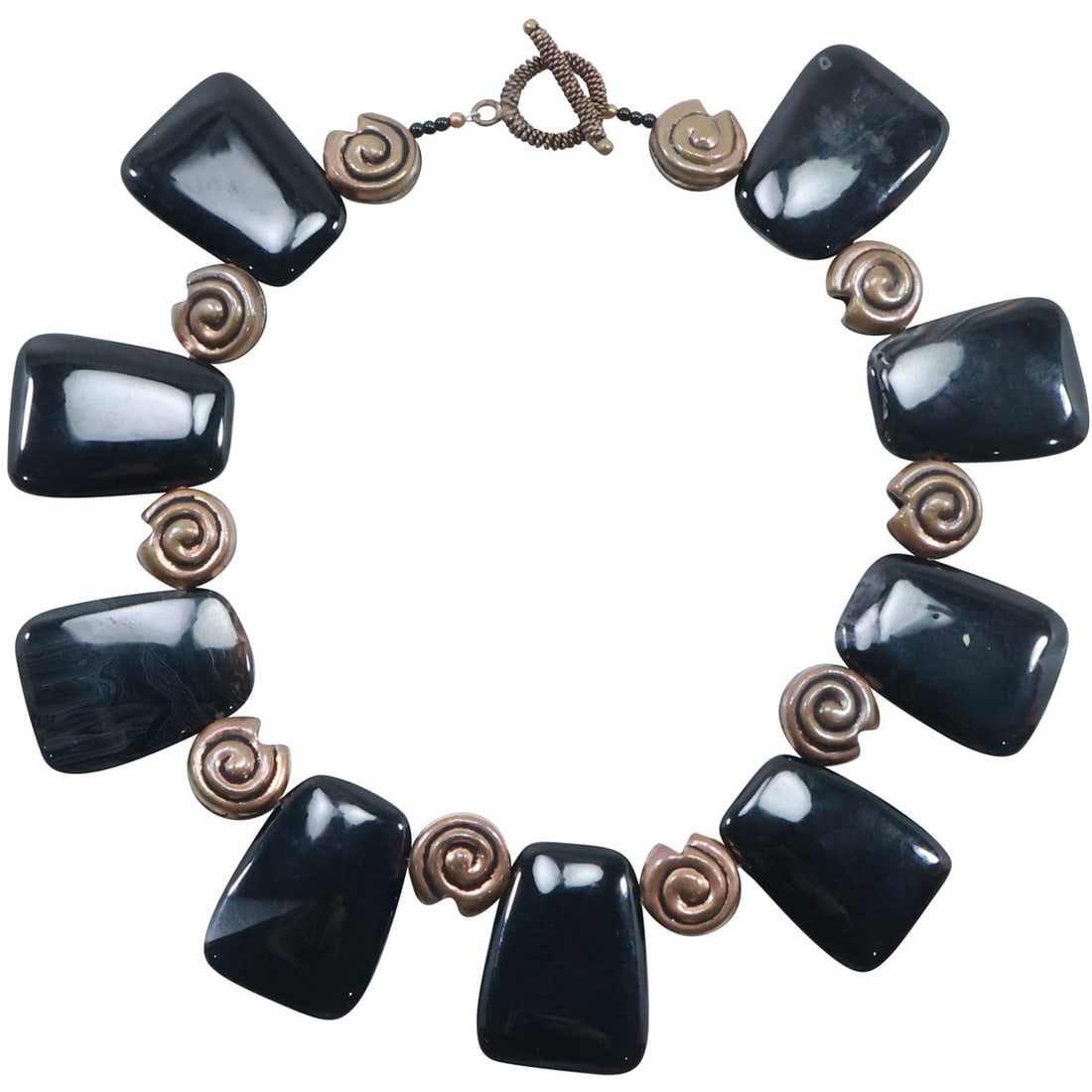 Unsigned Designer High End Vintage Necklace Black Onyx Stones & Copper Beads 18 in. x 1 5/8 in.: Unsigned Designer High End Vintage Necklace Black Onyx Stones & Copper Beads 18 in. x 1 5/8 in. x 1 1/4 in.