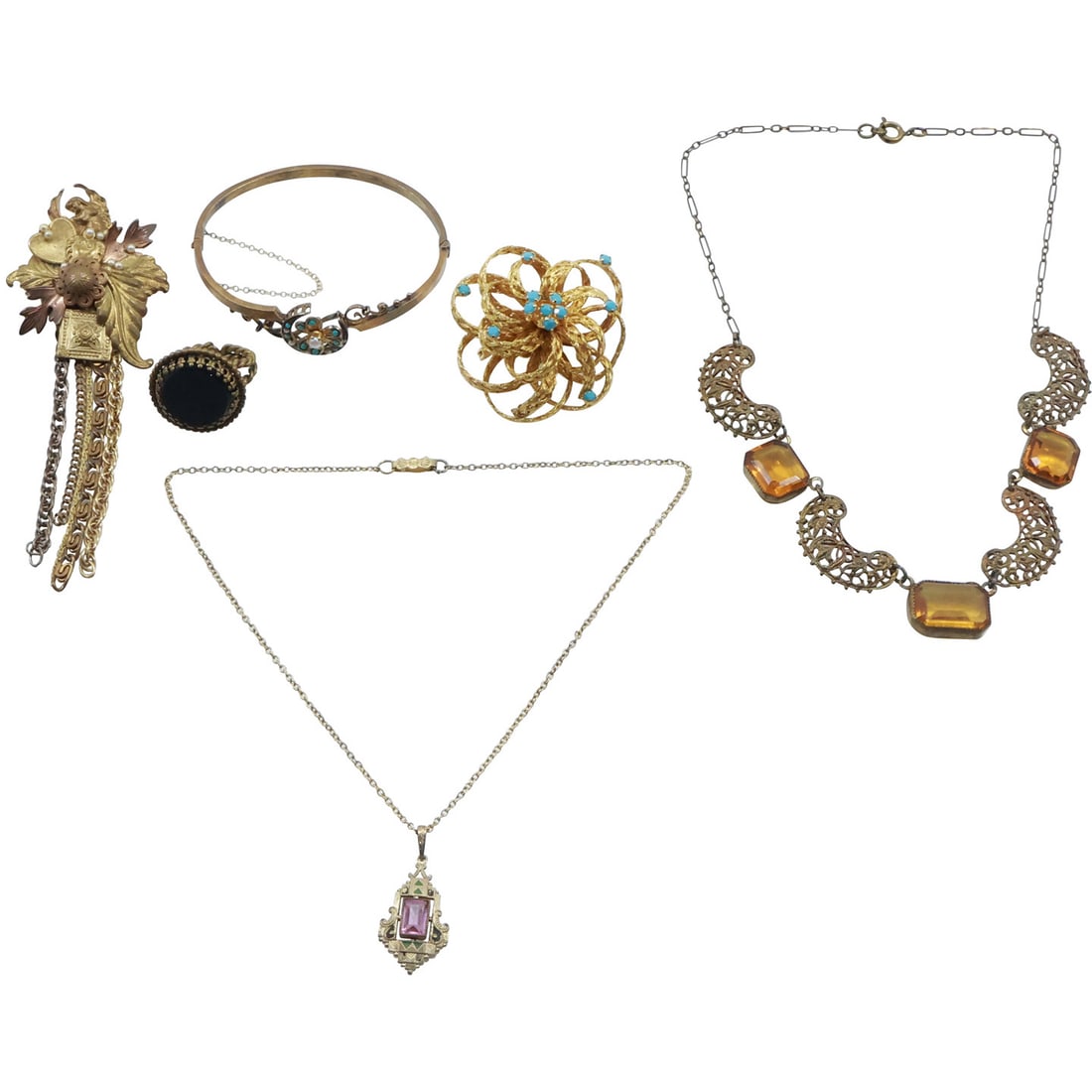Estate Grouping 6 Assorted Victorian Costume Jewelry: Pins, Bracelet, Ring, Necklace (1 of 20)