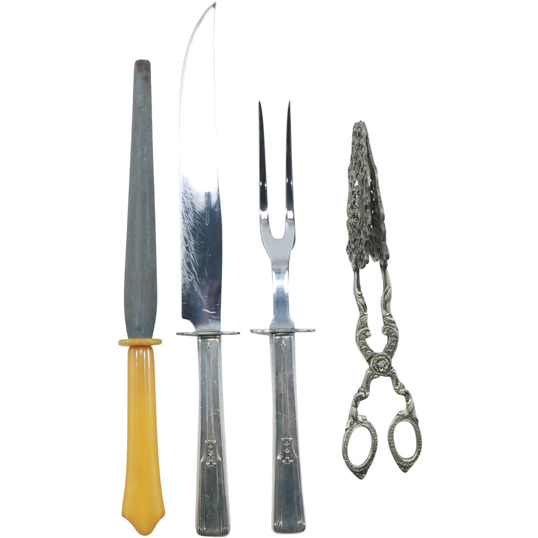 2-Piece Sterling Handle Carving Set; Wm Rogers Bakelite File / Sharpener; Silver Plate Tongs (1 of 16)