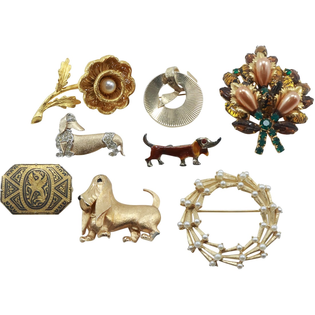 Estate Grouping 8 Assorted Designer Gold Tone Pins: Boucher, Trifari, Austria, Spain (1 of 18)
