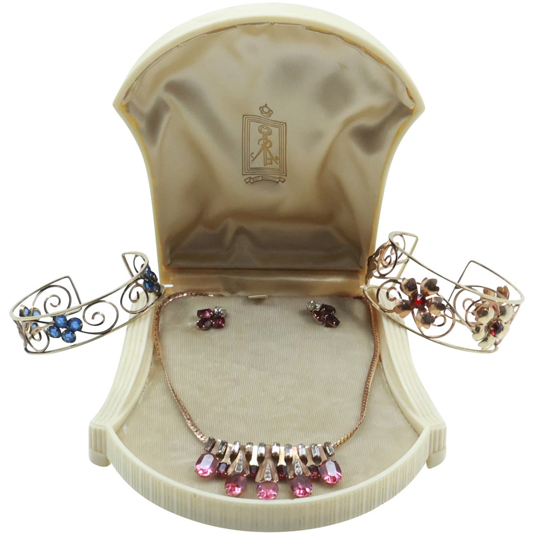 1/20 12K GF Pink and Clear Rhinestones Necklace and Earrings Set in Original Case; 2 Wire Cuff (1 of 18)