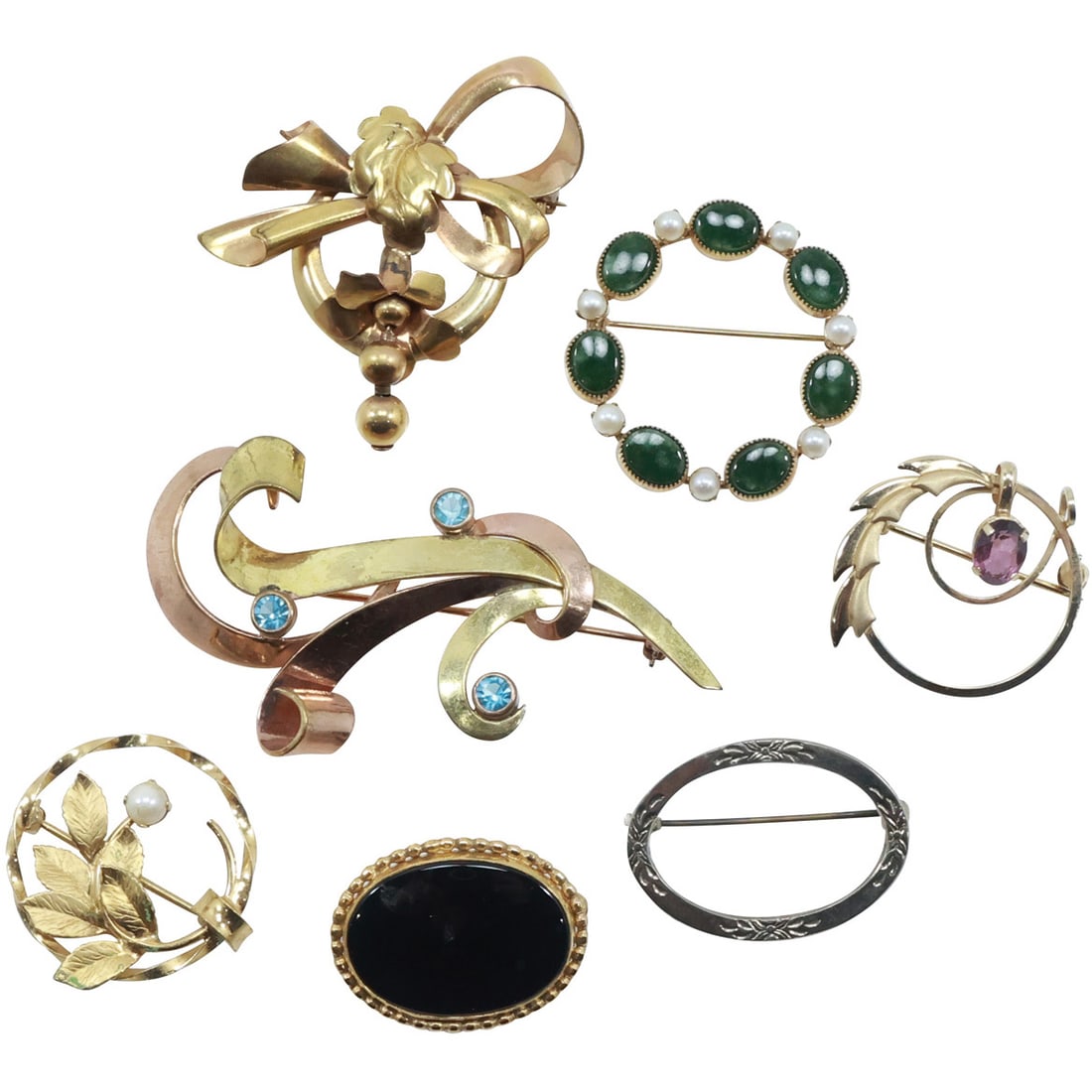 [7] Assorted Pins: 12K GF Bow Pin with 3 Balls; 14K GF WRE Black Onyx Pin; 12K GF Malachite (1 of 18)