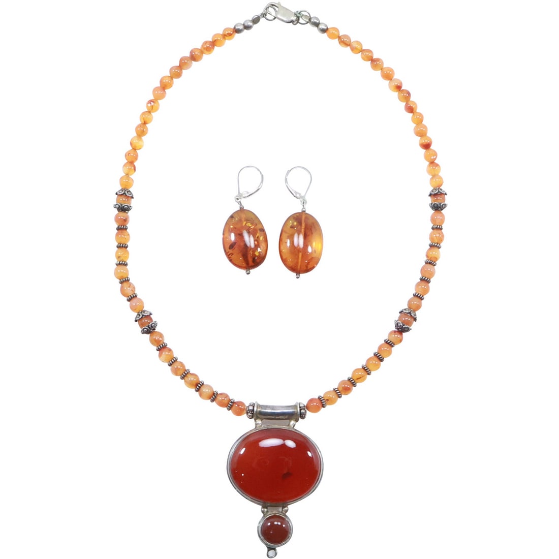 .925 Clasp and Pendant Carnelian with Amber and Sterling Beads Necklace 18 in.; .925 & Amber: .925 Clasp and Pendant Carnelian 2 in. x 1 3/8 in. with Amber and Sterling Beads Necklace 18 in.; .925 & Amber Drop Earrings 1 3/4 in. x 3/4 in.