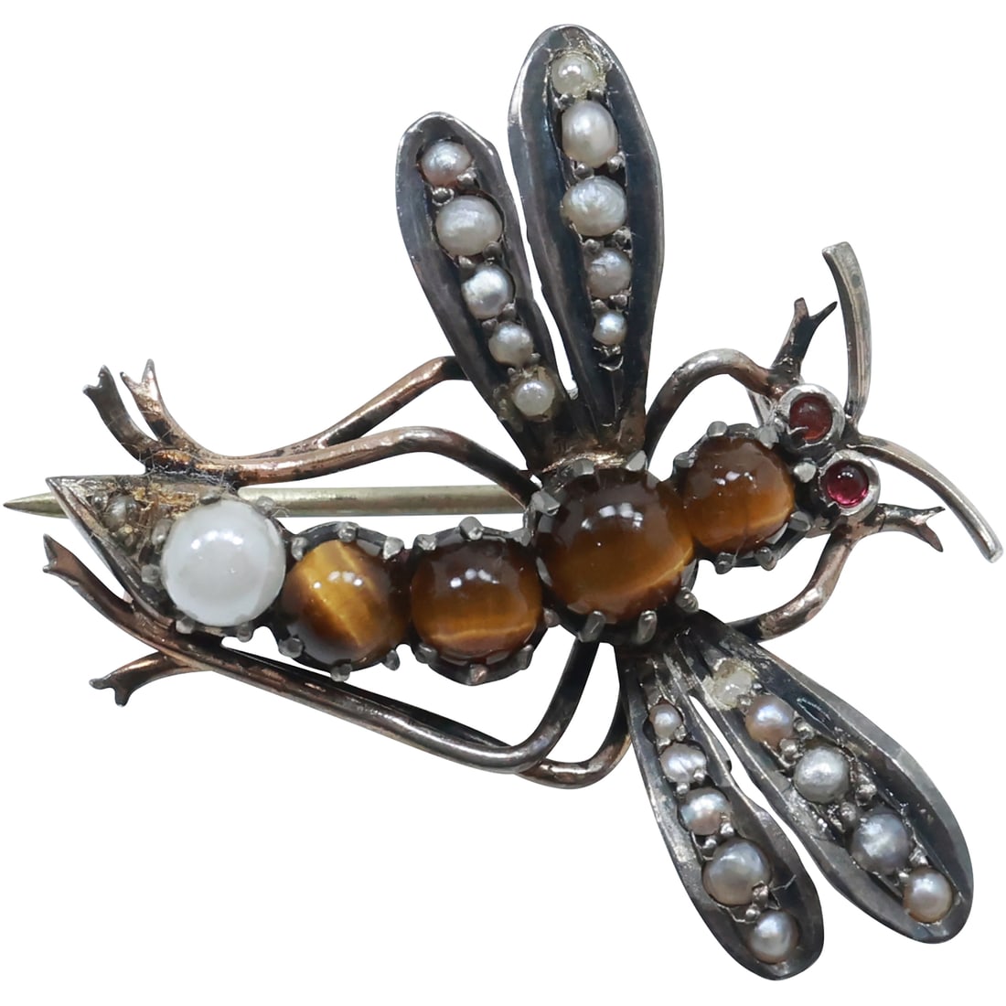 Sterling Silver with Mother of Pearl and Pearls, 4 Tiger's Eye Stones, Ruby Eyes DRAGONFLY PIN: Sterling Silver with Mother of Pearl and Pearls, 4 Tiger's Eye Stones, Ruby Eyes DRAGONFLY PIN 1 1/4 in. x 1 1/4 in. ; Vintage 1915-1920