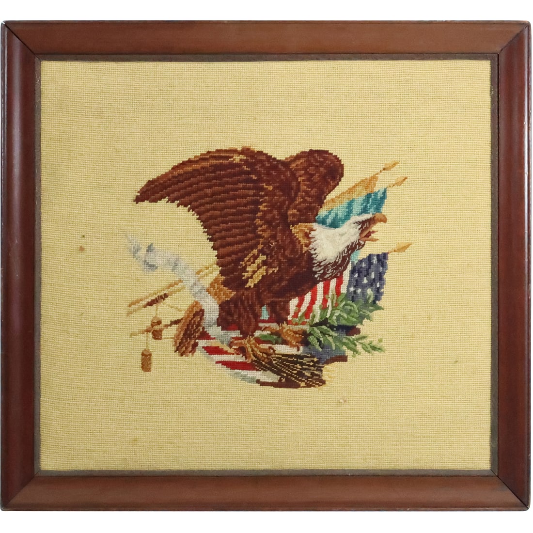19th C. Peti Point  Framed Embroidery Eagle Carrying American Flag 19.5 in. x 22.25 in. (1 of 20)