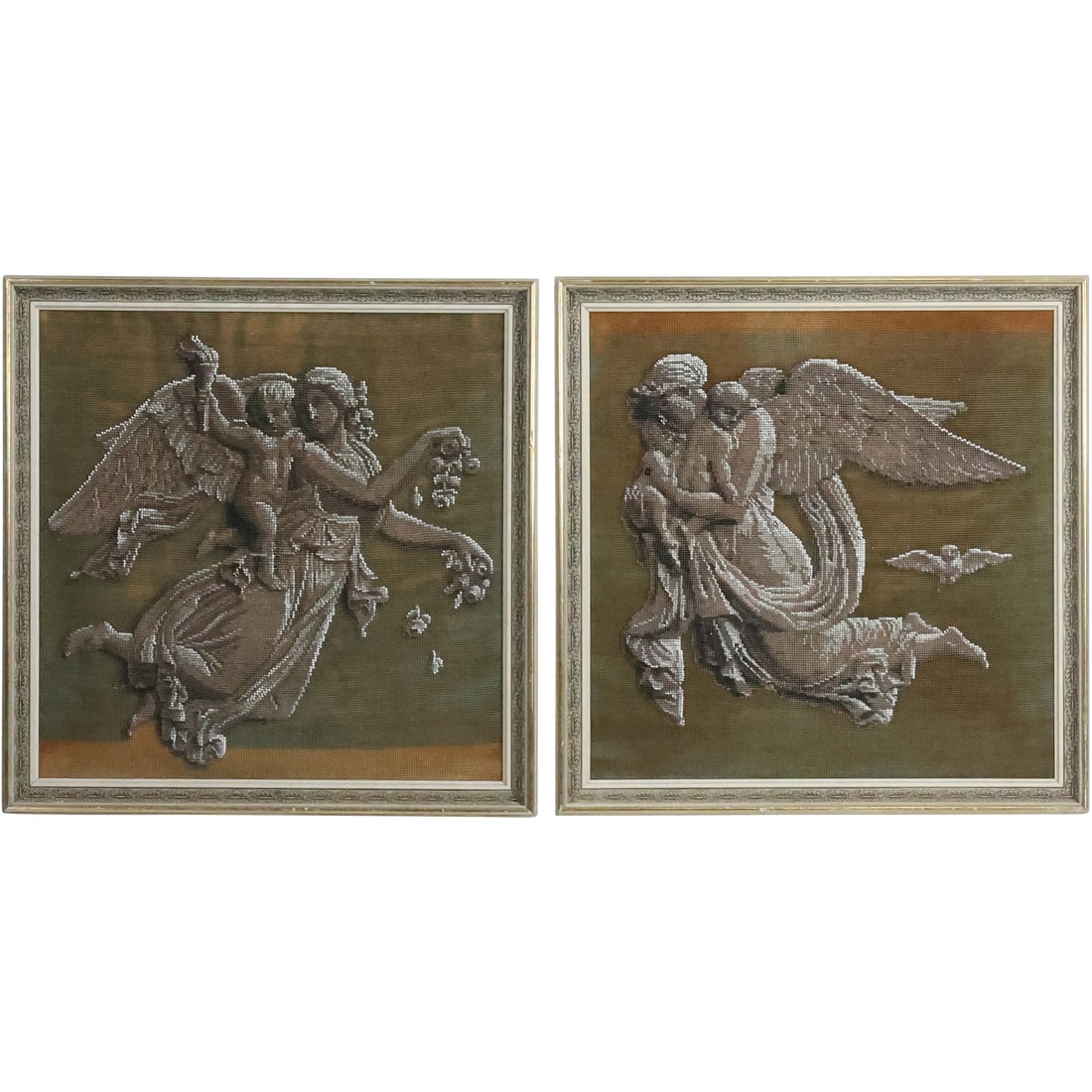 Pair 19th C. Peti Point Needlepoint Framed Embroideries CLASSICAL ANGELS (1 of 18)