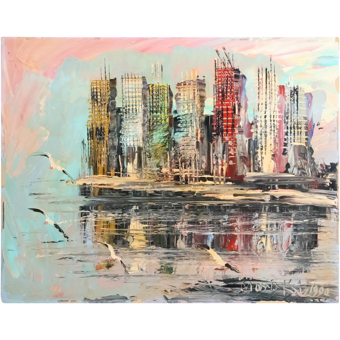 Abstract Metropolis: Morris Katz 1990 Acrylic Cityscape Painting Signed (1 of 20)